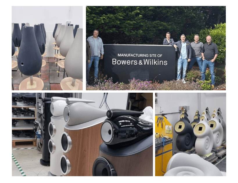 fotos van fabrieksbezoek bowers & wilkins in engeland. Je ziet de matrixkoppen en de nautilus en johan van overgaauw bij de entree van de fabriek Bowers & wilkins