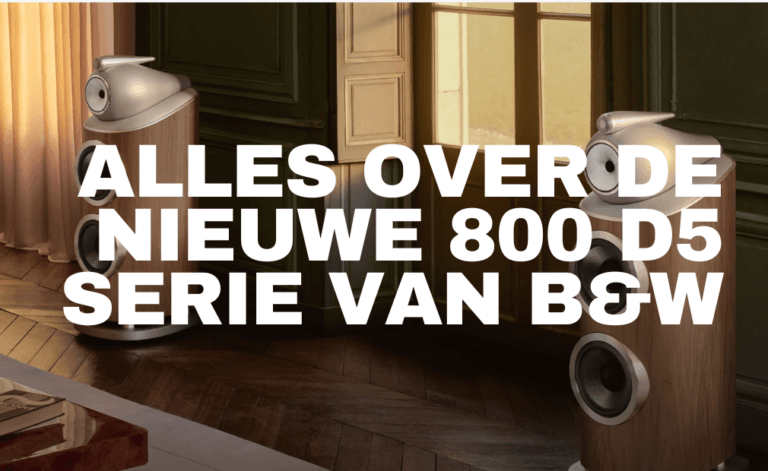 801 D5 speakers van Bowers en wilkins in het licht walnoot met de tekst 'alles over de nieuwe 800 d5 serie van b&w' bij Hifi overgaauw